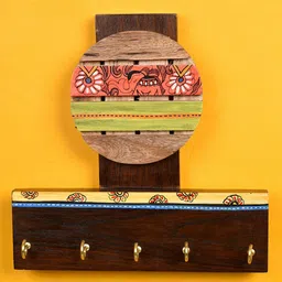 AAKRITI ART CREATIONS Brown Handcrafted Madhubani Key Holder With 5 Hooks-image-97