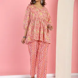 TAG 7 Floral Printed V-Neck Pure Cotton Tunic With Trousers-picture-22