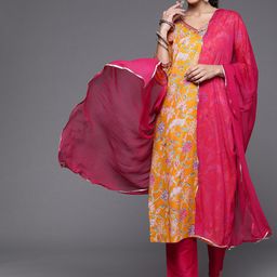Varanga Women Yellow Printed Pure Cotton Kurta with Trousers & With Dupatta-image-93