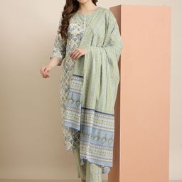 SHOWOFF Floral Printed Regular Mirror Work Kurta with Trousers & Dupatta-2