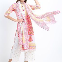 Vishudh Women Pink & Yellow Floral Printed Kurta Palazzo & Dupatta Set-picture-27