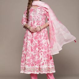 Subh LAXMI Floral Printed Mirror Work Detailed Anarkali Kurta & Trouser With Dupatta-image-25