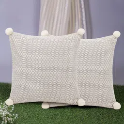 Mezposh Set of 2 Off White & Grey Self Design  Square Cushion Covers with Pompoms-24