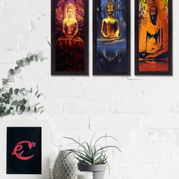 eCraftIndia Set Of 3 Orange & Blue Meditating Buddha Satin Matt Texture UV Wall Art-17