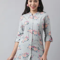 Divena Floral Print Mandarin Collar Roll-Up Sleeves A-line Shirt Style Top-picture-24