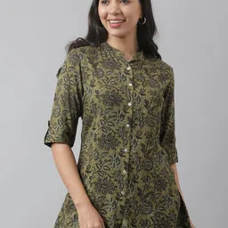 Divena Print Mandarin Collar Roll-Up Sleeves Shirt Style Top-image-5