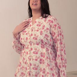 Janasya Plus Size Floral Printed V-Neck Cuffed Sleeves Georgette A-Line Top-image-87