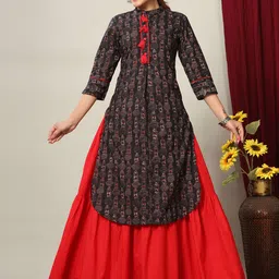 MIRAVAN Women Black Printed Empire Pure Cotton Kurta with Skirt & With Dupatta-image-23