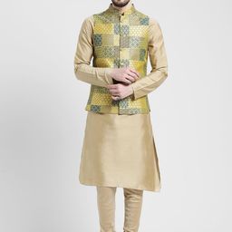 KISAH Men Beige & Green Solid Kurta with Churidar & Nehru Jacket-48