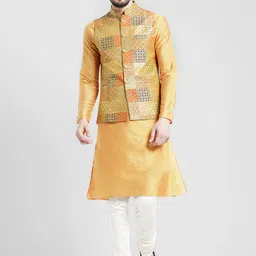 KISAH Men Orange Solid Kurta with Churidar & Nehru Jacket-picture-9