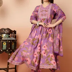 KIMAYRA Women Floral Printed Regular Pure Cotton Kurta with Palazzos & With Dupatta-picture-12