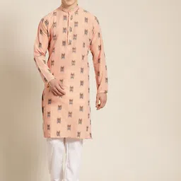SOJANYA Men Peach-Coloured Pure Cotton Self Design Kurta with Churidar-5