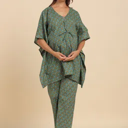 Ikk Kudi by Seerat Maternity Floral Print Flared Sleeve Kaftan Pure Cotton Kurta Set-picture-25