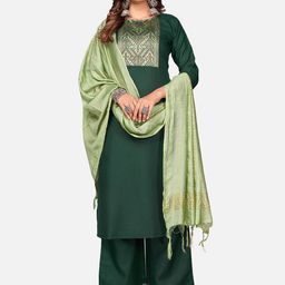 Vbuyz Women Green & Gold Printed Cotton Blend Straight Kurta with Palazzos & With Dupatta-picture-40