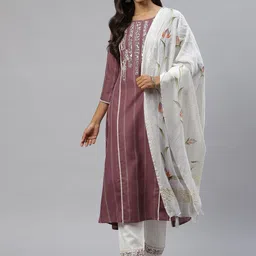 SheWill Women Purple Floral Embroidered Panelled Thread Work Kurta with Trousers & With Dupatta-image-49