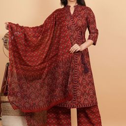 Vbuyz Floral Printed Pure Cotton Anarkali Kurta with Palazzos & With Dupatta-36
