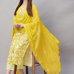 KALINI Floral Printed Straight Kurta With Trouser & Dupatta-12