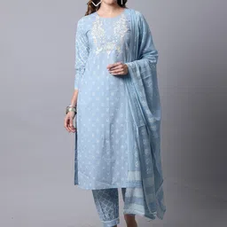 Rajnandini Women Floral Embroidered Pure Cotton Kurta with Trouser & Dupatta Set-image-6