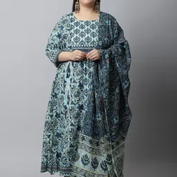 Rajnandini Plus Size Women Floral Printed Pure Cotton Kurta with Trousers & With Dupatta-picture-9