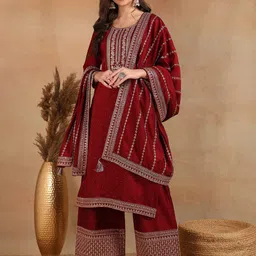 KALINI Ethnic Motifs Embroidered Round Neck Zari Straight Kurta With Palazzo & Dupatta-image-10