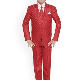 Jeetethnics Boys Red Checked Coat Suit Set with Waistcoat Shirt and Trousers-image-48