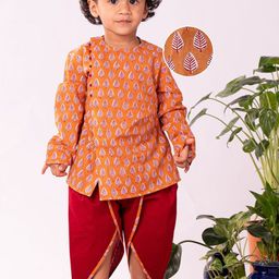 VASTRAMAY Boys Ethnic Motifs Printed Angrakha Pure Cotton Kurta with Dhoti Pants-14