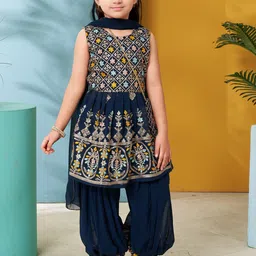 BAESD Girls Ethnic Motifs Embroidered A-Line Thread Work Kurta With Harem Pants & Dupatta-image-88