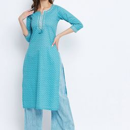 Tissu Women Turquoise Blue Printed Gotta Patti Pure Cotton Kurta with Palazzos-image-39