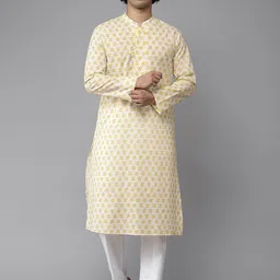See Designs Men Yellow Ethnic Printed Phulkari Pure Cotton Kurta with Pyjamas-28