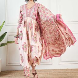 KALINI Women Floral Printed Regular Sequinned Pure Cotton Kurta with Palazzos & With Dupatta-5