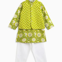 Campana Boys Floral Printed Regular Pure Cotton Kurta with Pyjamas & Nehru Jacket-18