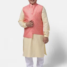 NAMASKAR Boys Cream-Coloured Printed Regular Pure Cotton Kurta Pyjamas With Jacket-6