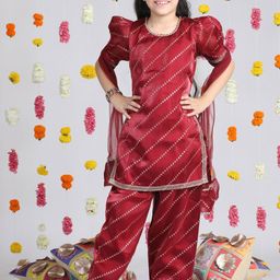 Cutiekins Girls Leheriya Embroidered Regular Gotta Patti Kurta with Palazzos & With Dupatta-image-13