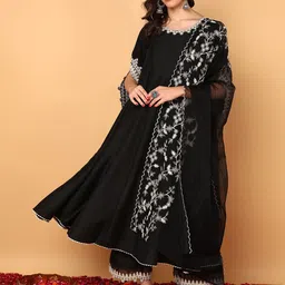 KALINI Ethnic Motifs Embroidered Empire Thread Work Kurta with Palazzos & Dupatta-picture-5