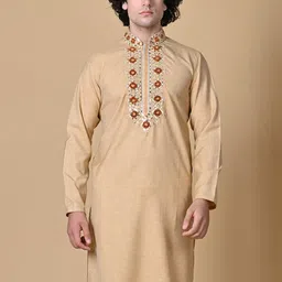 MAAHI FABS Men Beige Floral Yoke Design Regular Thread Work Kurta with Pyjamas-picture-18