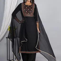 ELVISH JAIPUR Floral Yoke Design Round Neck Thread Work Kurta with Palazzos & Dupatta-48