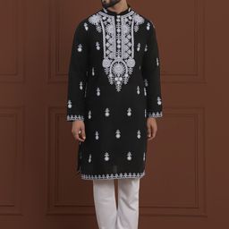 SOJANYA LUXE Ethnic Motifs Embroidered Mandarin Collar Straight Pure Cotton Kurta & Pyjama-image-41