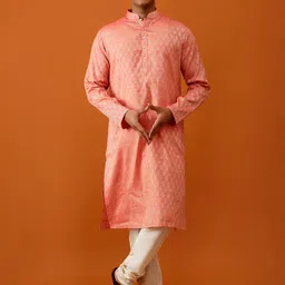 Streaks & Crosses Woven Design Mandarin Collar Regular Kurta with Pyjamas-4