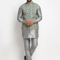 Benstoke Men Grey Printed Dupion Silk Kurta with Pyjamas-17