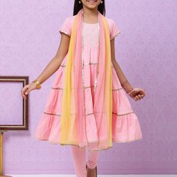 Biba Girls Pink & Silver Yoke Design Tiered Cotton Kurta with Churidar & Dupatta-image-39
