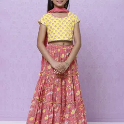 Biba Girls Peach-Coloured & Yellow Printed Cotton Ready to Wear Lehenga Choli & Dupatta-3
