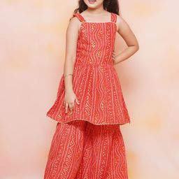 Aj DEZInES Girls Bandhani Printed Square Neck Pure Cotton A-Line Kurta With Sharara-image-94