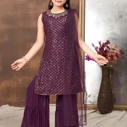BAESD Girls Geometric Embroidered Sequinned Straight Kurta & Sharara With Dupatta-picture-40