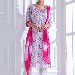 Anouk Women Floral Printed Regular Kantha Work Pure Cotton Kurta with Trousers & With Dupatta-picture-7