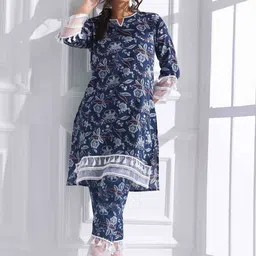 Anouk Women Floral Printed Regular Kantha Work Pure Cotton Kurta with Trousers-picture-44