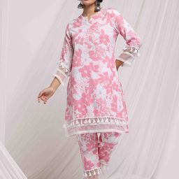 Anouk Pink Floral Printed Kantha Work Pure Cotton Kurta With Trousers-image-33