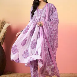 KALINI Women Floral Printed Regular Sequinned Pure Cotton Kurta with Trousers & With Dupatta-picture-8