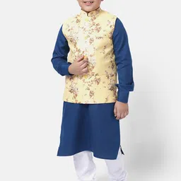 NAMASKAR Boys Navy Blue & White Regular Pure Cotton Kurta with Churidar & Nehru Jacket-picture-14