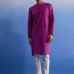 SHVAAS by VASTRAMAY Band Collar Regular Pure Cotton Straight Kurta with Trousers-image-86