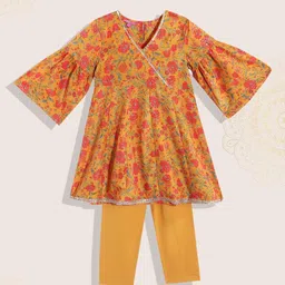 Biba Girls Mustard Yellow & Coral Floral Printed Gotta Patti Kurta with Trousers-image-98